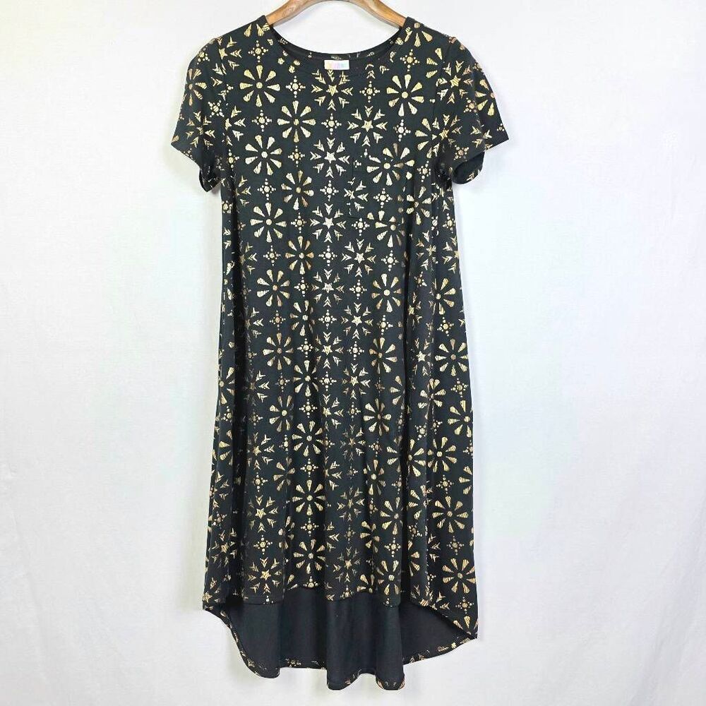LuLaRoe Carly Dress S Black Gold Print Hi Low